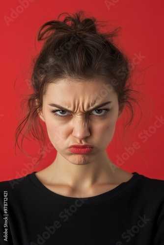 A Woman Angry Expression Captured Against a Vibrant Red Background. Female face full of anger