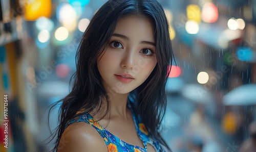 Asian Korean, Chinese glamor background, beautiful Japanese girl wearing a fluorescent neon blue floral dress, long flowing wet black hair, crowded street, apartment overlooking the rainy city photo