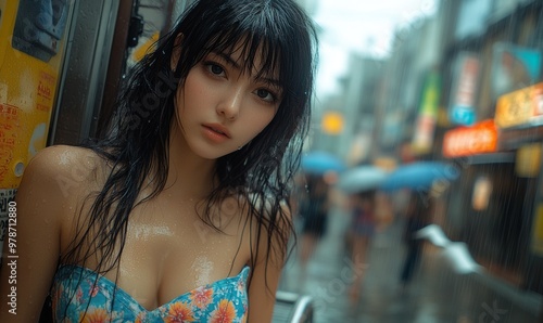 Asian Korean, Chinese glamor background, beautiful Japanese girl wearing a fluorescent neon blue floral dress, long flowing wet black hair, crowded street, apartment overlooking the rainy city photo