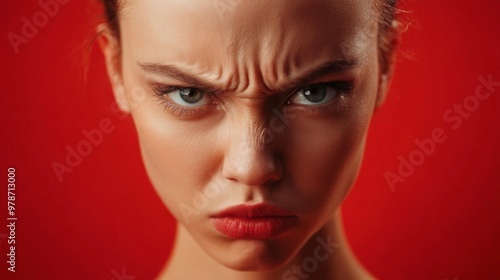 A Woman Angry Expression Captured Against a Vibrant Red Background. Female face full of anger