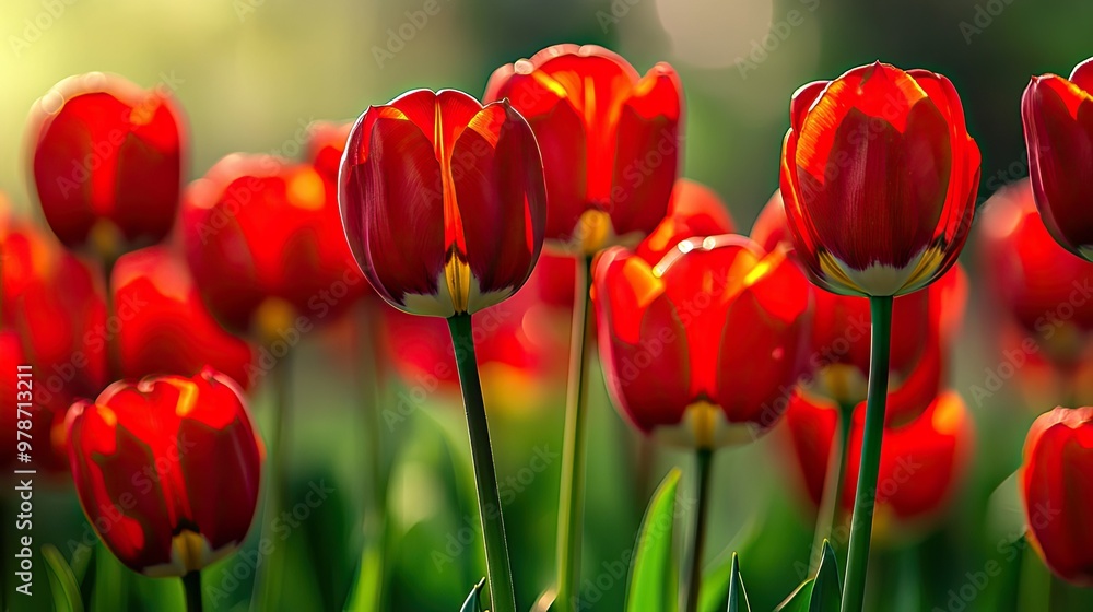 Obraz premium Closeup of vibrant red tulip flowers, their delicate petals contrasting beautifully against the green background