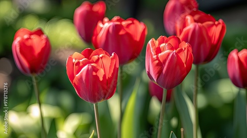 Closeup of vibrant red tulip flowers, their delicate petals contrasting beautifully against the green background