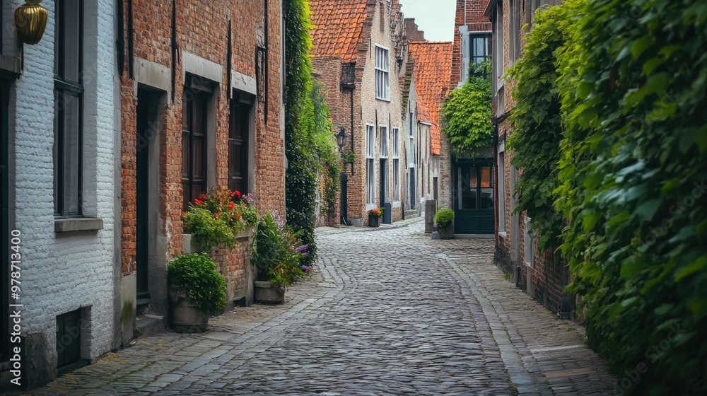 Fototapeta premium Cobblestone streets and charming medieval architecture in the city of Bruges, Belgium.