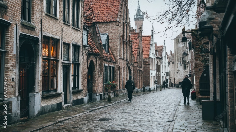 Fototapeta premium Cobblestone streets and charming medieval architecture in the city of Bruges, Belgium.