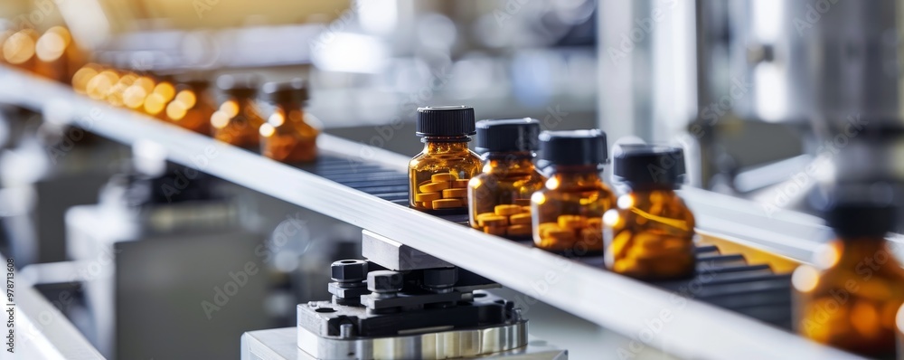 Fototapeta premium Pharmaceutical Production Line Perspective View of Amber Glass Pill Bottles Moving on White Conveyor Belt, symbolizing Precision, Automation, and Controlled Process in Bright Industrial Setting