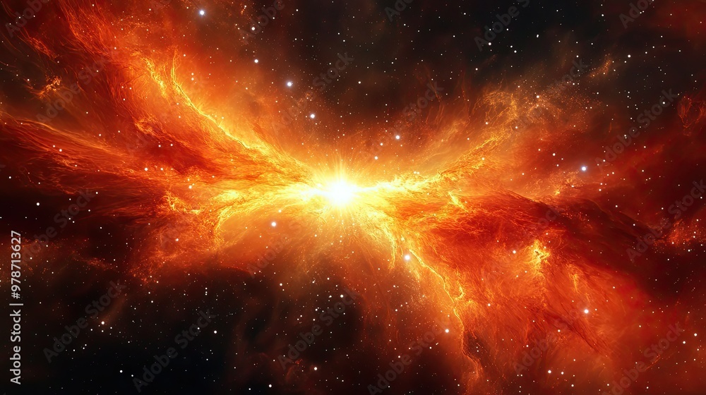 Cosmic explosion of red and orange gas in a nebula, with bright white stars twinkling in the background of deep space Cosmic explosion of red and orange gas in a nebula, with bright white stars twinkling in the background of deep space