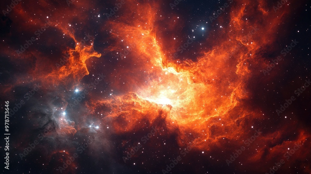 Cosmic explosion of red and orange gas in a nebula, with bright white stars twinkling in the background of deep space Cosmic explosion of red and orange gas in a nebula, with bright white stars twinkling in the background of deep space