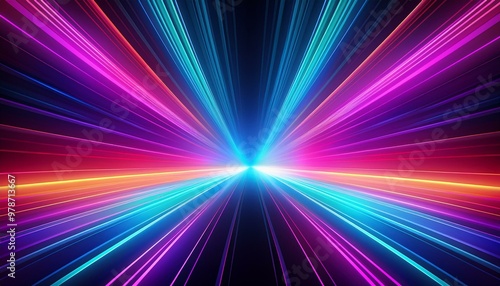 Colorful abstract burst of neon lights converging towards a central point, creating a sense of dynamic speed and energy.