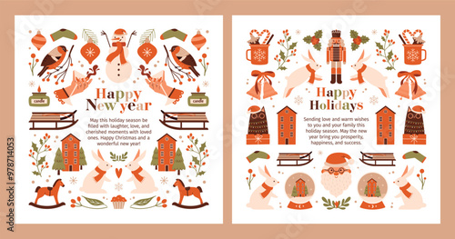 Square Christmas cards with greetings, pattern of cute decorative elements, christmas tree, santa claus, nutcracker, winter landscape, house, sledge, socks, rabbits. Scandinavian ornament. Invitation