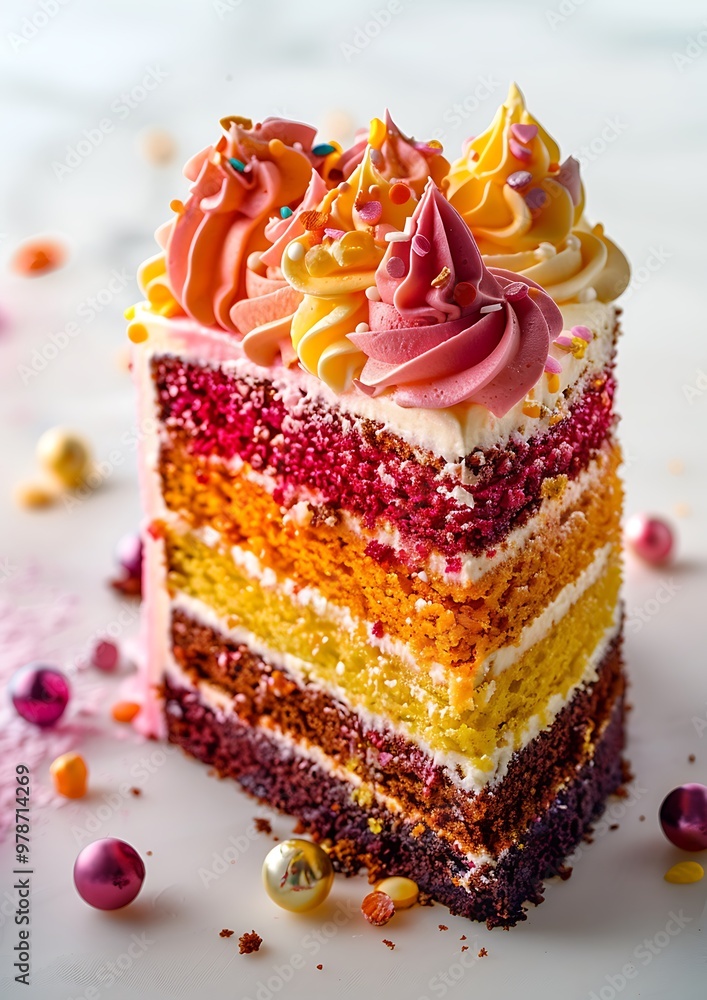 A vibrant and colorful piece of cake with layers of frosting and decorations isolated on a white background showcasing its artistic and sweet presentation A vibrant and colorful piece of cake with layers of frosting and decorations isolated on a white background showcasing its artistic and sweet presentation