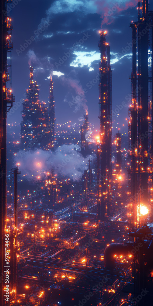 Obraz premium Evening picture of the refinery. AI generative.