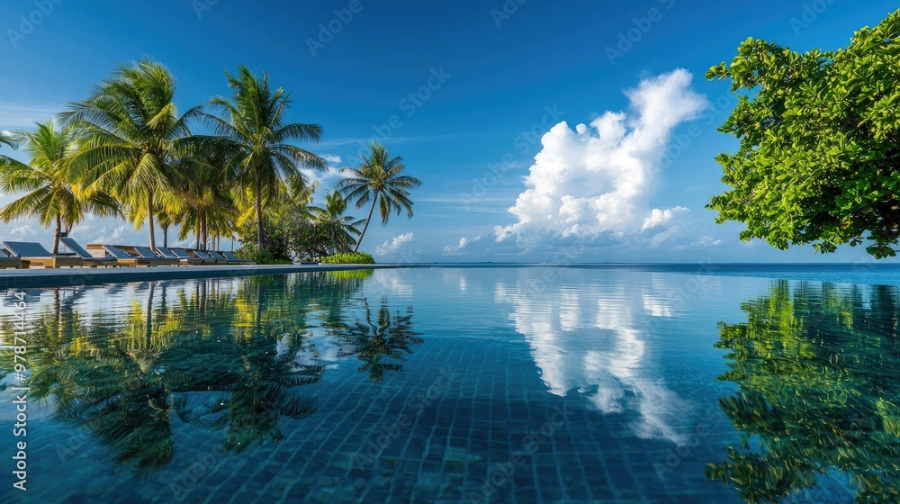 Obraz premium Crystal-clear lagoon water reflecting the palm trees and overwater villas in a Maldives resort.