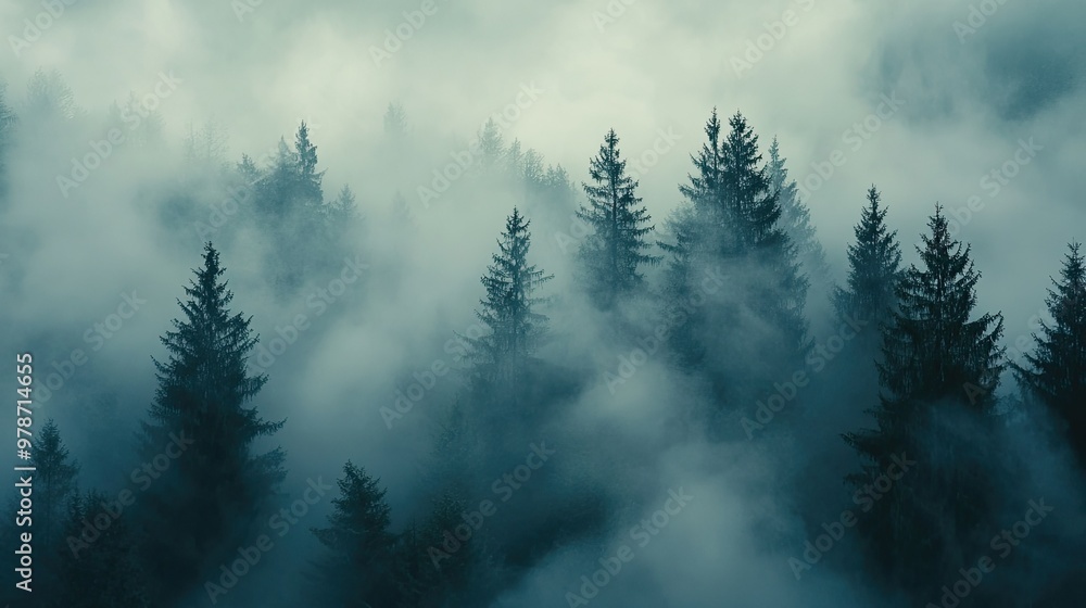 Dense fog blanketing a forest, with towering trees disappearing into the mist and creating a mysterious atmosphere Dense fog blanketing a forest, with towering trees disappearing into the mist and creating a mysterious atmosphere