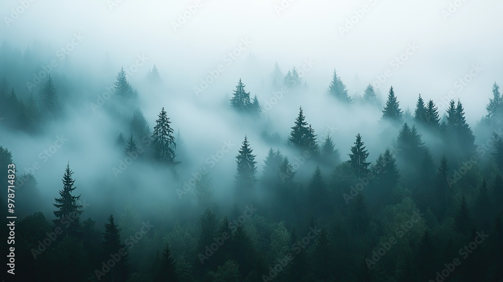 Dense forest landscape covered in a thick blanket of fog, with trees disappearing into the misty horizon Dense forest landscape covered in a thick blanket of fog, with trees disappearing into the misty horizon