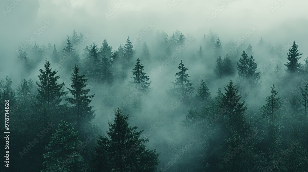 Dense forest landscape covered in a thick blanket of fog, with trees disappearing into the misty horizon Dense forest landscape covered in a thick blanket of fog, with trees disappearing into the misty horizon