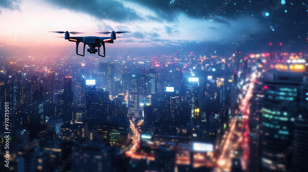 A drone soars through the twilight sky above a glowing cityscape, the lights of the streets and buildings creating a stunning contrast. A drone soars through the twilight sky above a glowing cityscape, the lights of the streets and buildings creating a stunning contrast.
