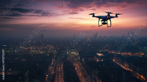 A drone soars through the twilight sky above a glowing cityscape, the lights of the streets and buildings creating a stunning contrast.