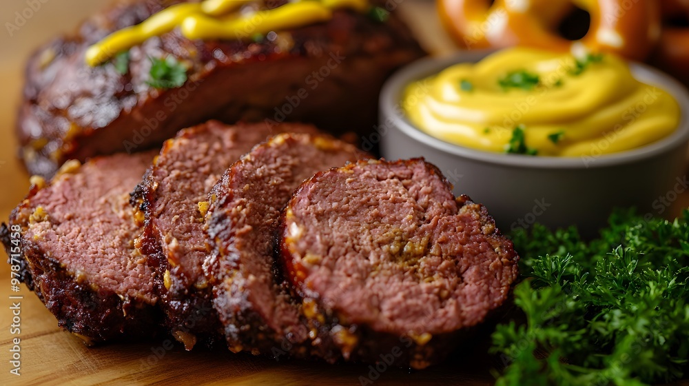 Thick slices of meatloaf served warm with a side of mus Thick slices of meatloaf served warm with a side of mus