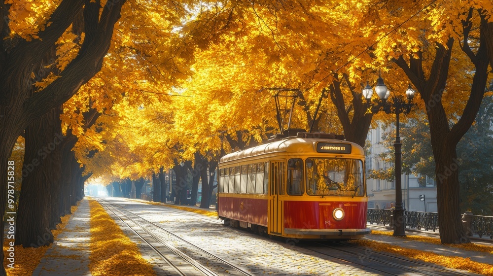 Obraz premium A nostalgic streetcar travels along a tramway beneath a canopy of vibrant yellow autumn foliage, creating a picturesque tree tunnel in Prague City.