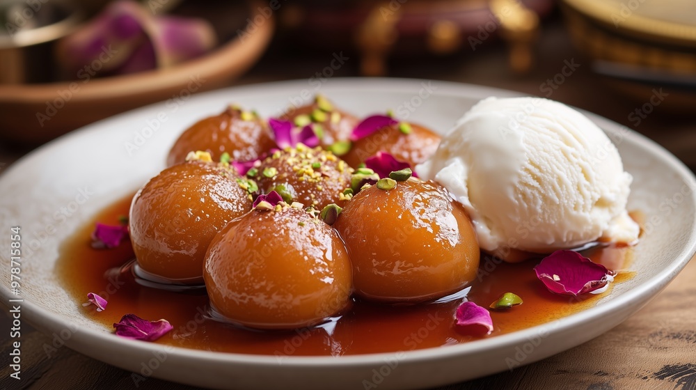 Gulab jamun with pistachios and ice cream shines in a vibrant Indian restaurant, inviting indulgence. Gulab jamun with pistachios and ice cream shines in a vibrant Indian restaurant, inviting indulgence.