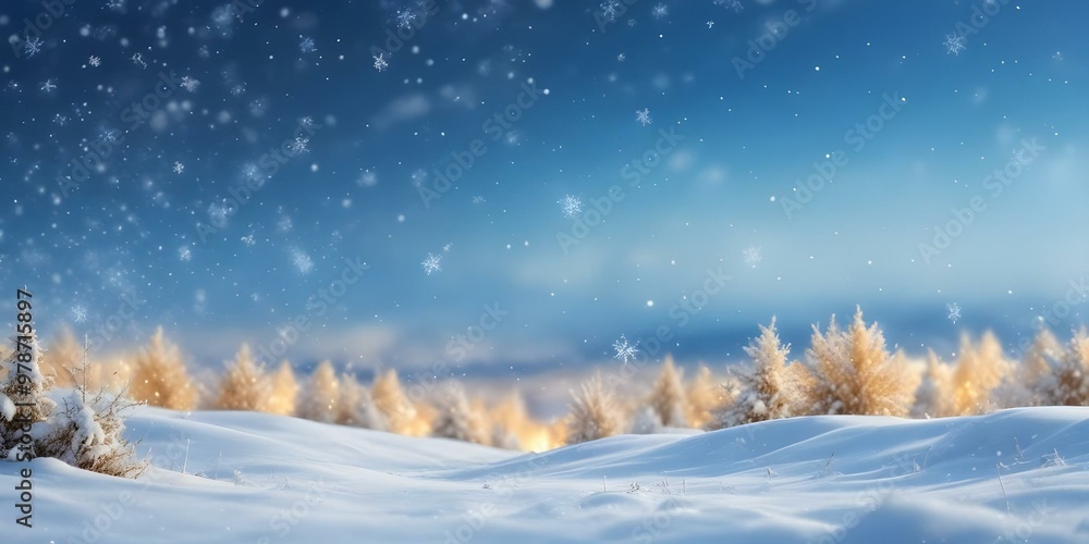 Snowy winter landscape with blurred golden lights and falling snowflakes against a blue sky. Snowy winter landscape with blurred golden lights and falling snowflakes against a blue sky.
