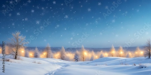 Snowy winter landscape with blurred golden lights and falling snowflakes against a blue sky.