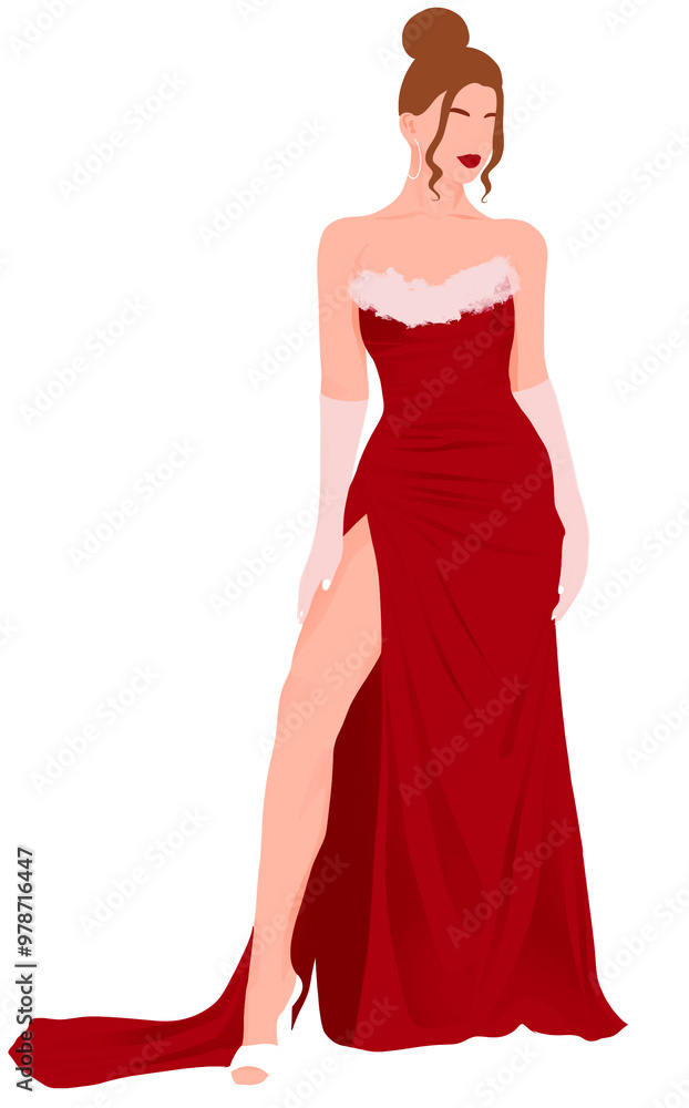 Illustration of a woman wearing a red Christmas-themed dress, radiating elegance and festive spirit, perfect for holiday, fashion, and lifestyle content. Illustration of a woman wearing a red Christmas-themed dress, radiating elegance and festive spirit, perfect for holiday, fashion, and lifestyle content.