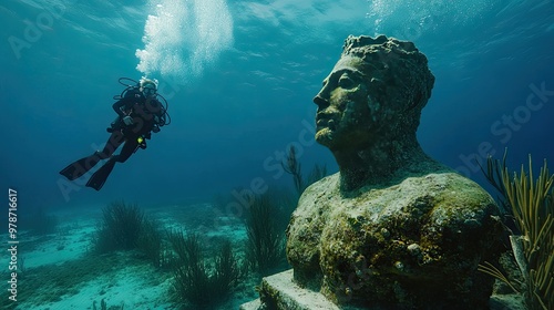 Divers exploring the vast underwater statue in the Bahamas, with sea turtles swimming by and coral beds below.