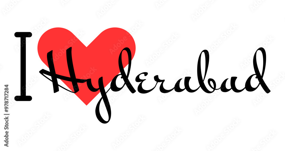 I love Hyderabad, city of India. Hand drawn letters with red heart. Vector illustration lettering, modern design