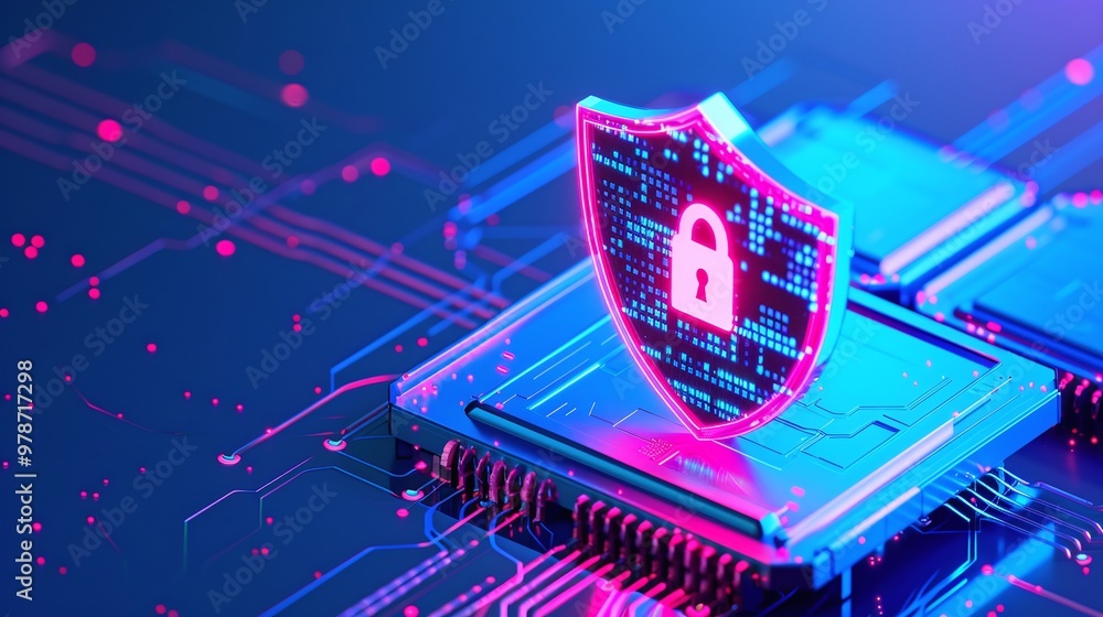 Fototapeta premium Digital security concept with a glowing shield symbolizing data protection on a technological background.