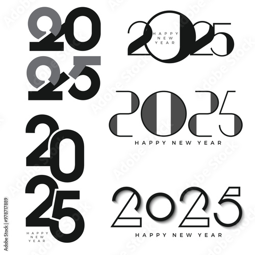 Minimalistic 2025 Happy New Year text designs in black and white. Vector