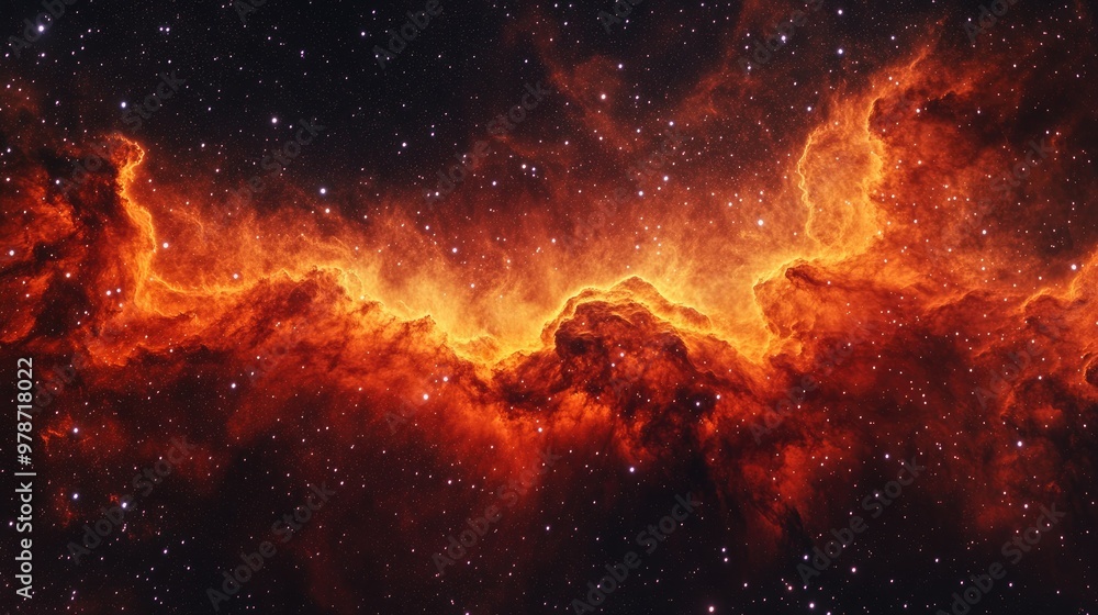 Fiery red-orange nebula swirling in space, gas clouds blending seamlessly into a luminous backdrop of stars Fiery red-orange nebula swirling in space, gas clouds blending seamlessly into a luminous backdrop of stars
