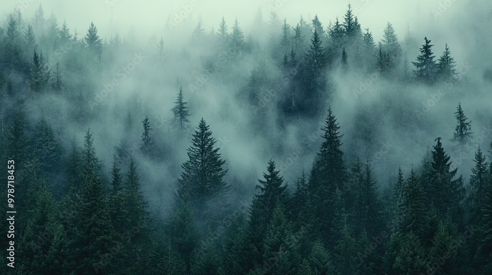 Fog enveloping a forest of tall trees, with the misty atmosphere giving the scene a moody and mysterious feel Fog enveloping a forest of tall trees, with the misty atmosphere giving the scene a moody and mysterious feel