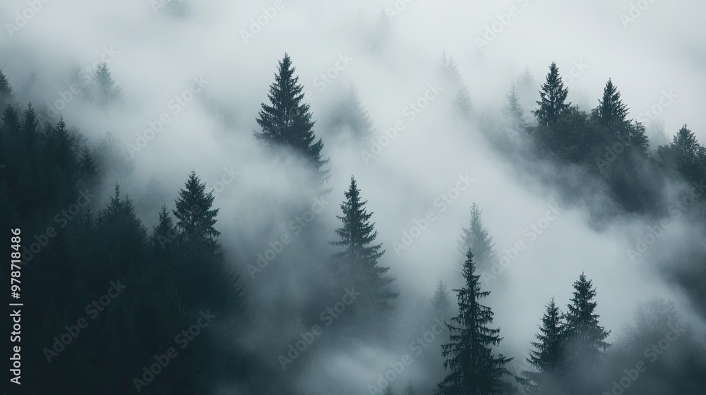 Fog-covered woodland scene, with tall trees shrouded in mist creating an atmospheric, moody landscape Fog-covered woodland scene, with tall trees shrouded in mist creating an atmospheric, moody landscape