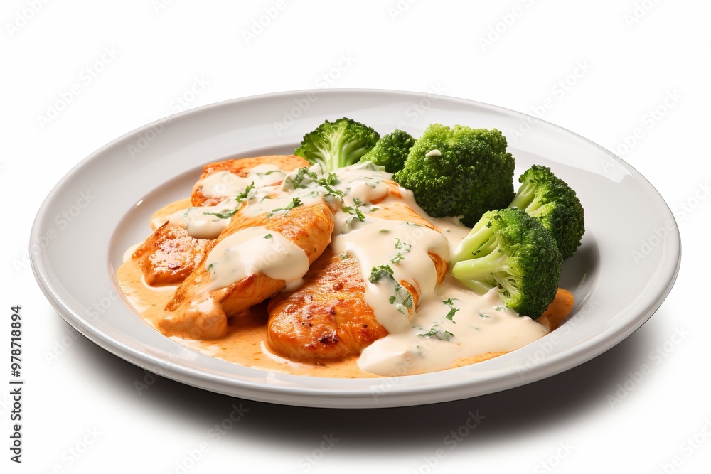 Grilled chicken with creamy sauce and steamed broccoli served on a white plate Grilled chicken with creamy sauce and steamed broccoli served on a white plate