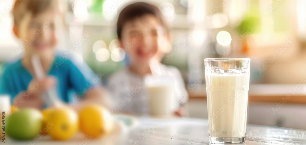 Cheerful children enjoying nutritious drinks while surrounded by fresh fruits in a bright kitchen setting. Cheerful children enjoying nutritious drinks while surrounded by fresh fruits in a bright kitchen setting.