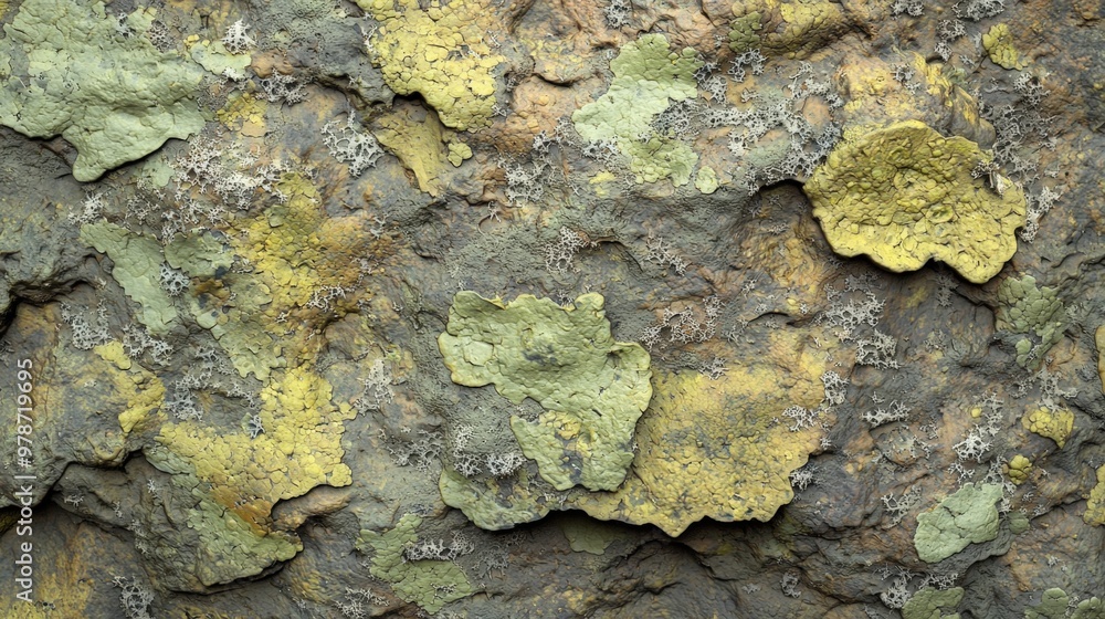 Vibrant textures of lichen and moss on ancient rock face in a tranquil forest Vibrant textures of lichen and moss on ancient rock face in a tranquil forest