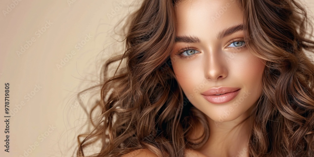 Gorgeous dark-haired model with lengthy ringlets, beaming lady with wavy locks. Fashion, attractiveness and cosmetics photo. Therapy, attention and spa services. Gorgeous dark-haired model with lengthy ringlets, beaming lady with wavy locks. Fashion, attractiveness and cosmetics photo. Therapy, attention and spa services.