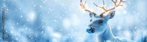 A majestic reindeer standing in a snowy landscape, surrounded by a magical winter ambiance and soft falling snowflakes.