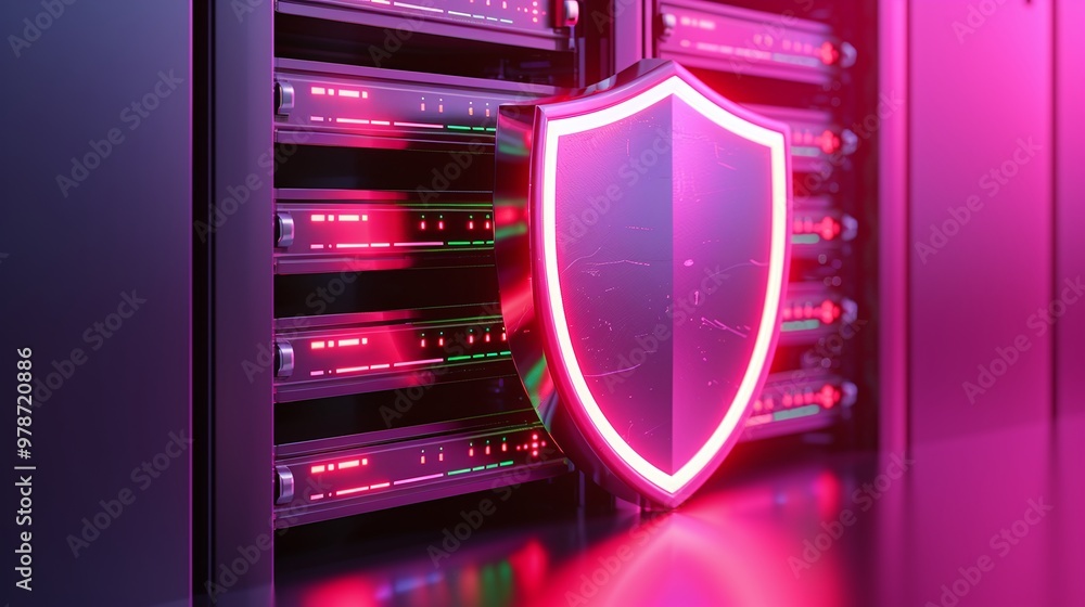 Digital shield symbolizing data security and protection in a vibrant server environment with neon accents. Digital shield symbolizing data security and protection in a vibrant server environment with neon accents.