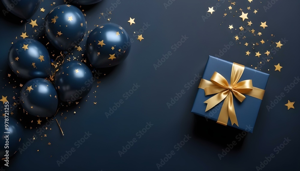 A dark blue background with scattered golden stars, a gift box, and a pair of black balloons in the shape of hearts. A dark blue background with scattered golden stars, a gift box, and a pair of black balloons in the shape of hearts.
