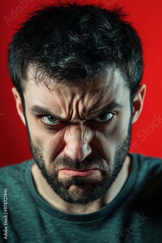 Angry and Expressive Man Located Against Red Background, exhibiting a strong of intense anger