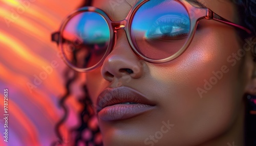 Close-up portrait of a stylish woman with sunglasses, showcasing vibrant reflections and stunning skin texture against a colorful background.