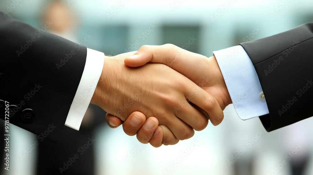 Formal handshake between two business professionals in suits, confident agreement in a corporate environment
Formal handshake between two business professionals in suits, confident agreement in a corporate environment