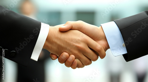 Formal handshake between two business professionals in suits, confident agreement in a corporate environment 