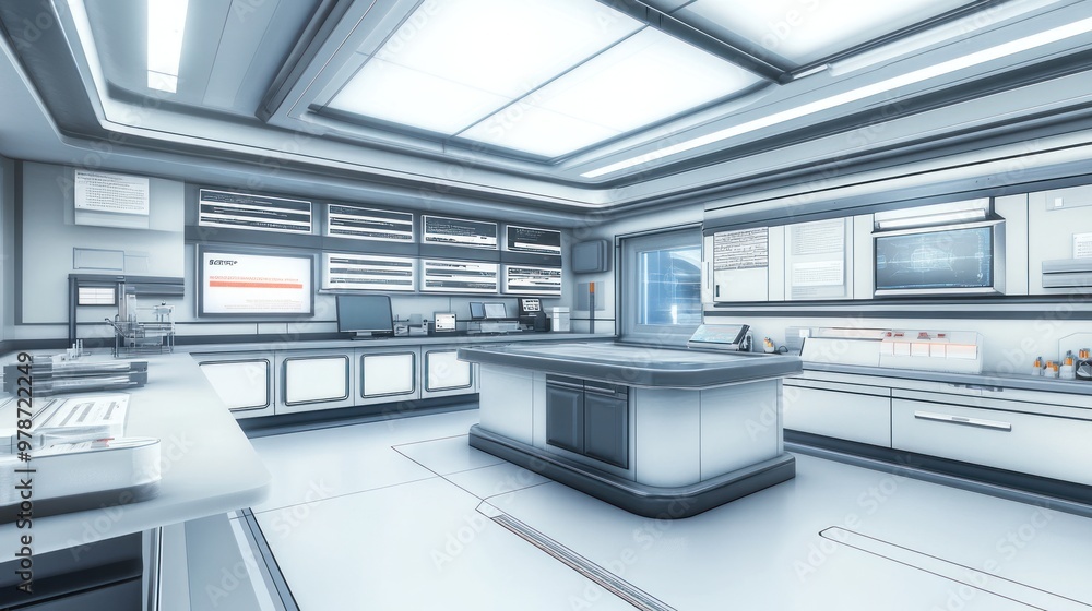 A modern laboratory interior with sleek design and advanced equipment for scientific research. A modern laboratory interior with sleek design and advanced equipment for scientific research.