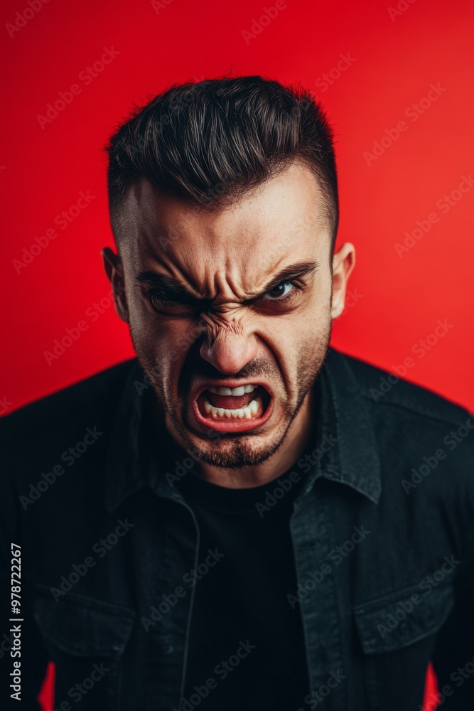 Fototapeta premium Angry and Expressive Man Located Against Red Background, exhibiting a strong of intense anger
