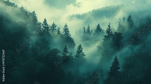 Mist rising through the trees of a forest, creating a dreamy, mystical landscape bathed in fog