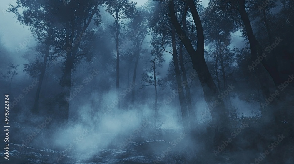 Naklejka premium Misty forest with fog swirling around the trees, creating a hauntingly beautiful and mysterious landscape