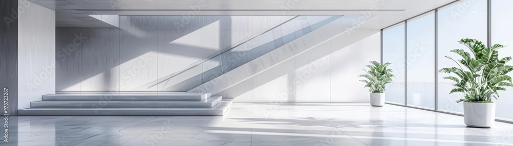 Modern interior design featuring spacious stairway, large windows, and greenery creating an inviting atmosphere. Modern interior design featuring spacious stairway, large windows, and greenery creating an inviting atmosphere.